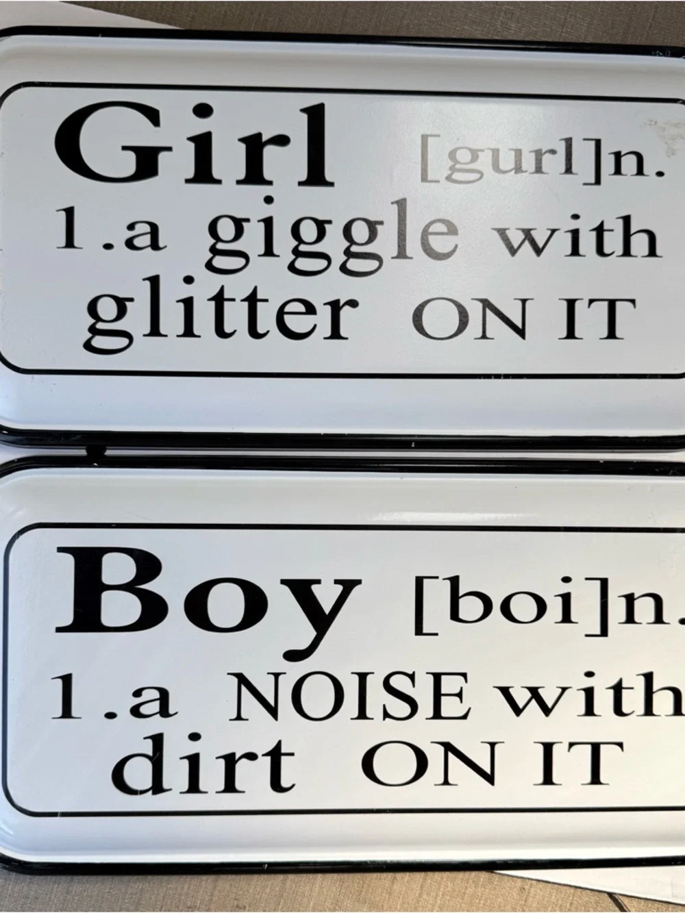 Two Decorative Metal Signs Humorous Dictionary Style Definitions For BOY & GIRL